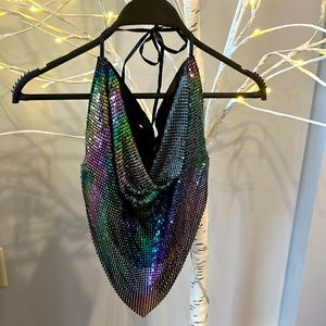 NWT Lydia U.S.A. Rave festival concert halter top pink green sequin mesh tied